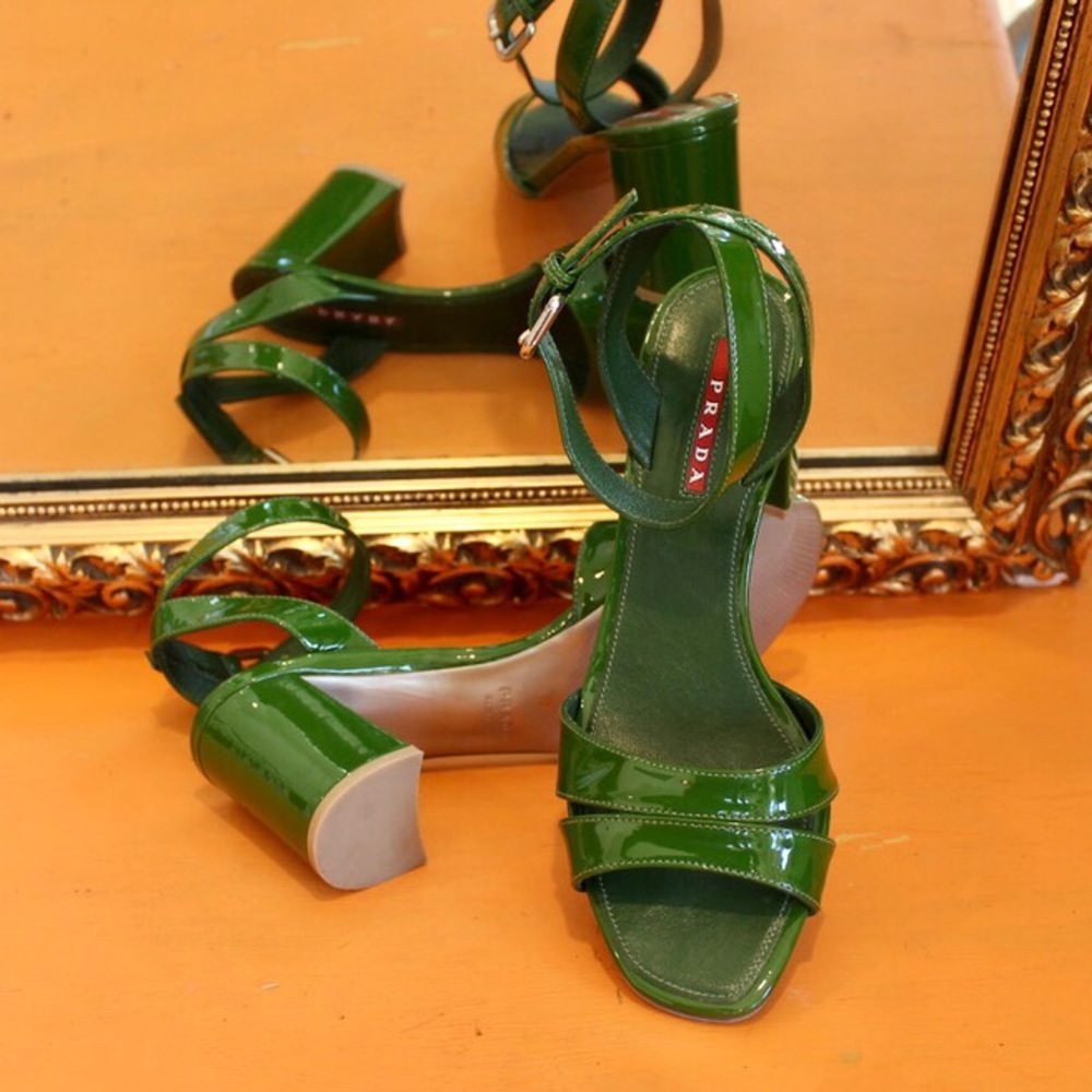 Prada Block Heel Patent Leather Sandal